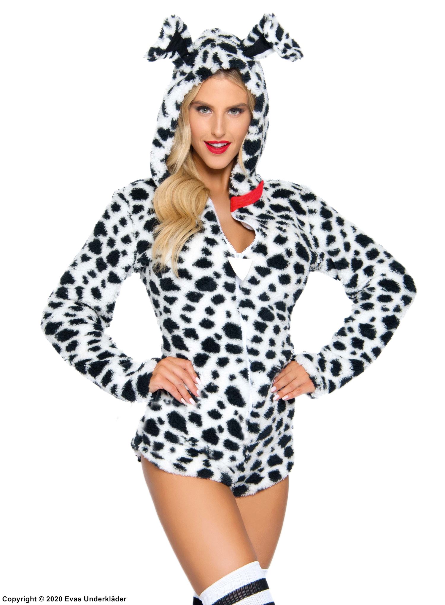 Dalmatian (woman), body costume, long sleeves, hood, front zipper, tail